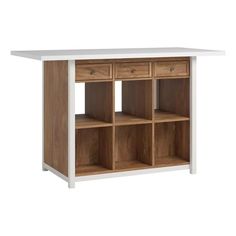 a white and brown bookcase with drawers on the bottom, in front of a white background