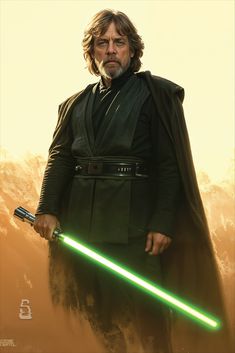 the character luke star wars is holding a green light saber in his right hand and looking at the camera