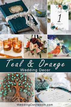 teal and orange wedding decor is featured in this collage with the words teal & orange