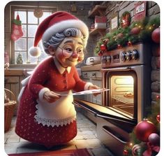 an old woman is opening the oven for christmas