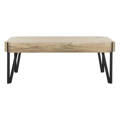 a wooden table with black metal legs