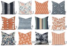 pillows with different patterns on them and numbers in the bottom right corner, including one for each pillow