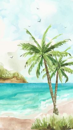 a watercolor painting of a palm tree on the beach with an island in the background