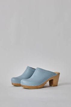 No.6 Old School Clog on High Heel in Light Blue – No.6 Store Leather Clog, No 6, Blue Wood, Pink Sand, Wooden Base, Blue Leather