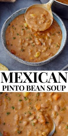 mexican pinto beans soup in a skillet with spoons