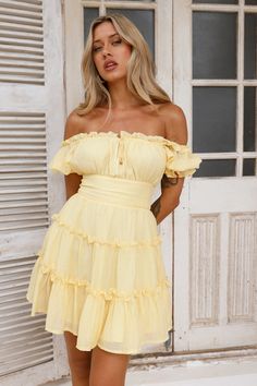 Length from bust to hem of size S: 67cm. Chest: 38cm, Waist: 32cm, size S. Mini dress. Lined; unlined sleeves. Model is a standard XS and is wearing size XS. True to size. Non-stretch. Elastic neckline, sleeves. Off-shoulder. Tie-up. Flowy skirt. Zipper.  Cold hand wash only. Polyester. Lovely dresses are made for you! The Days Of Content Off Shoulder Mini Dress features a gorgeous puffy sleeve design, tie-up front and flowy skirt. Style with sandals for a brunch date. Off Shoulder Mini Dress, Prom Shopping, Brunch Date, Skirt Zipper, Skirt Style, Dress Yellow, Mini Dress Shop, Flowy Skirt, Lovely Dresses