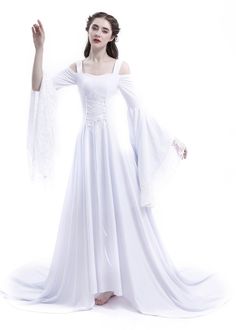 Neckline: Off-the-Shoulder Silhouette: A-line Sleeve Length: Long Trumpet Sleeves Dresses Length: Floor Length with Tail Medieval Wedding Dress, Sheath Wedding Gown, White Victorian, Medieval Wedding, Bohemian Wedding Dress, Fantasy Gowns, Medieval Dress, Online Wedding Dress, Wedding Dresses Simple