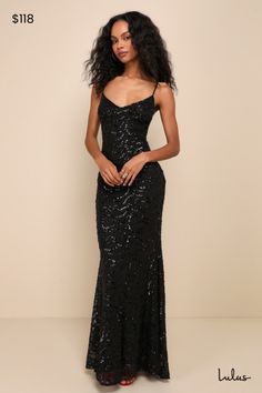 Captivate the crowd with the way you move in the Lulus Mesmerizing Demeanor Black Sequin Backless Mermaid Maxi Dress! Sparkling black sequins create an intricate, wavy design across stretchy mesh knit as it falls from adjustable spaghetti straps into a flattering V-neckline and a fitted bodice. The figure-skimming silhouette continues into a mermaid maxi skirt that features an elegant train at back. The deep V-back creates a sultry final finish! Hidden back zipper/clasp. Fit: This garment fits t Mermaid Maxi Skirt, Mermaid Maxi Dress, Dress With Train, Backless Maxi Dress, Wavy Design, Prom Inspo, Lulu Fashion, Black Prom Dress, Dress Sequin