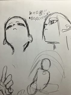 three sketches of people with their faces drawn in different ways, one is holding a cell phone and the other two are pointing at something