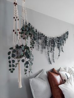 a bed with pillows and plants hanging on the wall above it, along with other decorative items