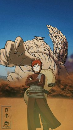 an anime character with red hair standing in front of a giant white creature and holding a bag