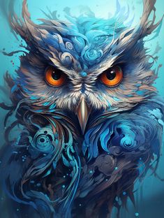 an owl with orange eyes and blue swirls on it's head, surrounded by water