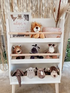 stuffed animals are sitting on shelves in a room