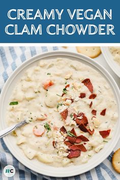 creamy vegan clam chowder with crackers on the side