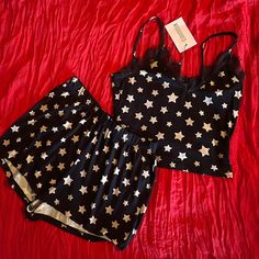 Super Cute And Comfy Cami With Fringe Trim And Shorts. Black With White Star Print. 96% Viscose And 4% Elastane. Size 2 Fem Clothing, Cute Sleepwear, Black And White Stars, Body Suits, Womens Apparel, Body Suit Outfits, Spells Witchcraft, White Star, Pinterest Outfits