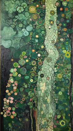 an abstract painting with green and yellow circles on the bottom, along with trees in the background