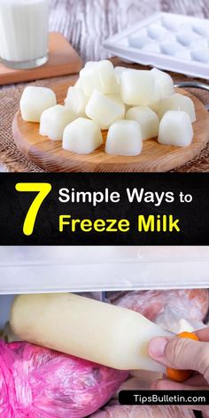 an open refrigerator filled with frozen milk and chunks of food next to a glass of milk