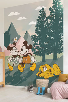 mickey and minnie wall mural in a child's bedroom