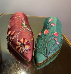 Green silk fabrik hand crafted shoes for woman Ottoman palace slippers Very stylish luxury gift for mothers day 🖐Handmade  📍from İstanbul/Türkiye  Hand-woven Silk fabric is specially embroidered with Silk ribbons Top fashion unique handwoven silk fabric shoes-slipper make you feel special handmade silk textile embroidered special luxury shoes-slippers It is a special gift for your loved ones. special gift woman  You can ask for special designs and special sizes. We have wholesale and retail sales. It is suitable for wearing outside.  It is produced as a jurdan base.  leather sole can be produced upon request Embroidery Slippers, Ottoman Palace, Medieval Embroidery, Embroidered Slippers, Shoes For Woman, Rhinestone Flats, Retail Sales, Couture Shoes, Embroidered Shoes