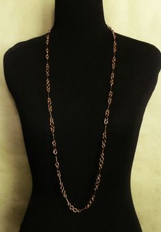 "This copper chain necklace is perfect for 7th  wedding anniversary gift. It is handcrafted from copper and at 40\" long, it is the one of the longest chains I made, and it can be worn also as a choker.  It is simple and beautiful Links are in two styles, the eight figure one is about 5/8\" long, the straight one is about 7/8 \" long each. Chain has light hammered texture and natural, warm and shiny copper finish.  Here are my other chains: https://www.etsy.com/shop/copperryfields?section_id=13574276 It will be send in handmade, craft paper pillow box, inside shipping box" Luxury One Of A Kind Copper Necklace, Copper Necklace Long, Handmade Copper Chain Necklace Gift, Copper Chain Necklace, 7th Wedding Anniversary, Copper Anniversary, Copper Gifts, 7th Anniversary Gifts, Copper Wire Jewelry