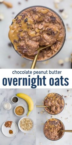 chocolate peanut butter overnight oats with bananas and other ingredients