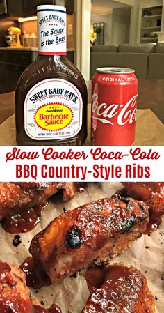 the bbq country style ribs are ready to be eaten and served with barbecue sauce