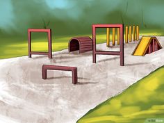 an illustration of a playground in the middle of a grassy area with yellow and red play structures