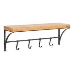 a wooden bench with metal hooks on it