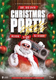 christmas party flyer with santa clause holding a boombox