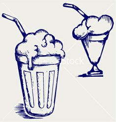 an ice cream sundae and a milkshake drawn by hand in blue ink