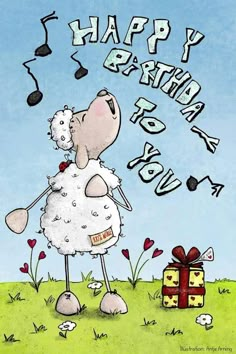 a cartoon sheep is singing happy birthday to you