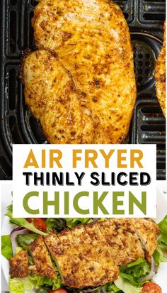 grilled chicken with lettuce and tomatoes on the side in an air fryer