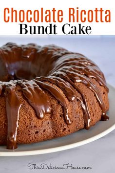 chocolate ricotta bundt cake on a white plate with text overlay that reads, chocolate ricotta bundt cake