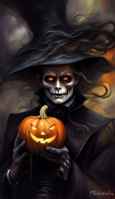 a painting of a skeleton holding a pumpkin