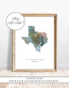 the texas state is shown in this watercolor map printable poster, choose your color and