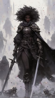 a woman in armor holding two swords and surrounded by other people, all dressed in black