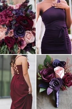 the bridesmaid's bouquets are arranged in different shades of purple and red