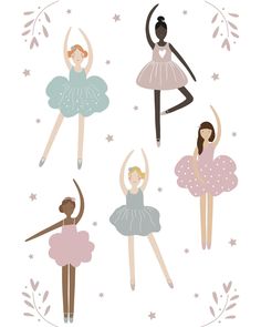 four ballerinas in different poses with stars around them