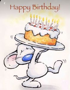 a happy birthday card with a cartoon bunny carrying a cake on it's back