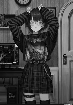 a girl with glasses and a skirt standing in front of a clock