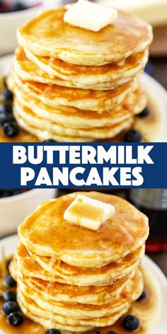 buttermilk pancakes with blueberries and maple syrup are the perfect breakfast for two