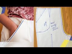 a woman is cutting out the pattern for her top and bottom half, along with another piece of paper that has been cut in half