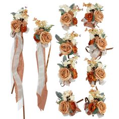 flowers and ribbons are arranged on top of each other in this set, including roses