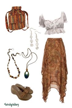 Brown Sandals Heels Outfit, Litha Outfit, Boho Outfits Ideas, Queensland Outfits, Brown Boho Outfit, Brown Inspired Outfits, Bohemian Inspired Outfits, White And Orange Outfit, Brown And Orange Outfit