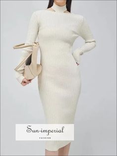 Women's Ribbed Halter Neck Long Sleeve Midi Dress One size - Strechy Chic Ribbed Sweater Dress, Chic Non-stretch Ribbed Sweater Dress, White Long Sleeve Ribbed Bodycon Dress, White Ribbed Bodycon Dress For Fall, High Neck Ribbed Midi Dress, Elegant Solid Color Winter Bodycon Dress, White Ribbed Midi Dress For Winter, Fitted Long Ribbed Sweater Dress, Winter Stretch Sheath Midi Dress