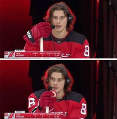 two pictures of a hockey player with headphones on, one is holding a microphone