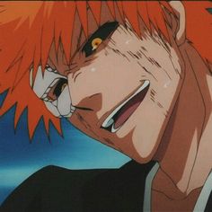 an anime character with red hair and orange eyes looking at something in the distance behind him