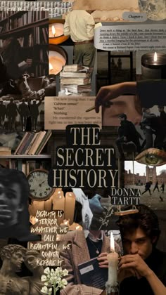 a collage of photos with people and books on them, including the words the secret history