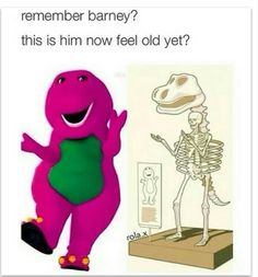 a pink dinosaur standing next to a drawing of a skeleton and an image of a man