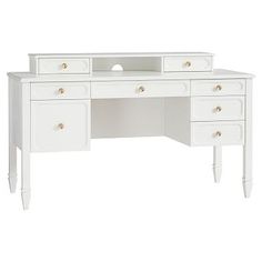 a white desk with two drawers and one drawer on the top, in front of a white background